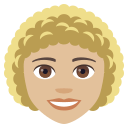 Woman: Medium-Light Skin Tone, Curly Hair, Emoji One style
