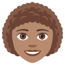 Woman: Medium Skin Tone, Curly Hair, Emoji One style