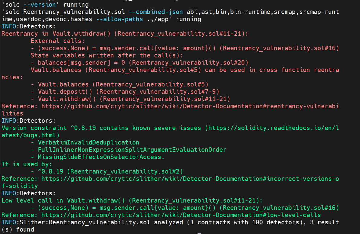 图2:Slither识别出经典重入漏洞 (reentrancy-eth)