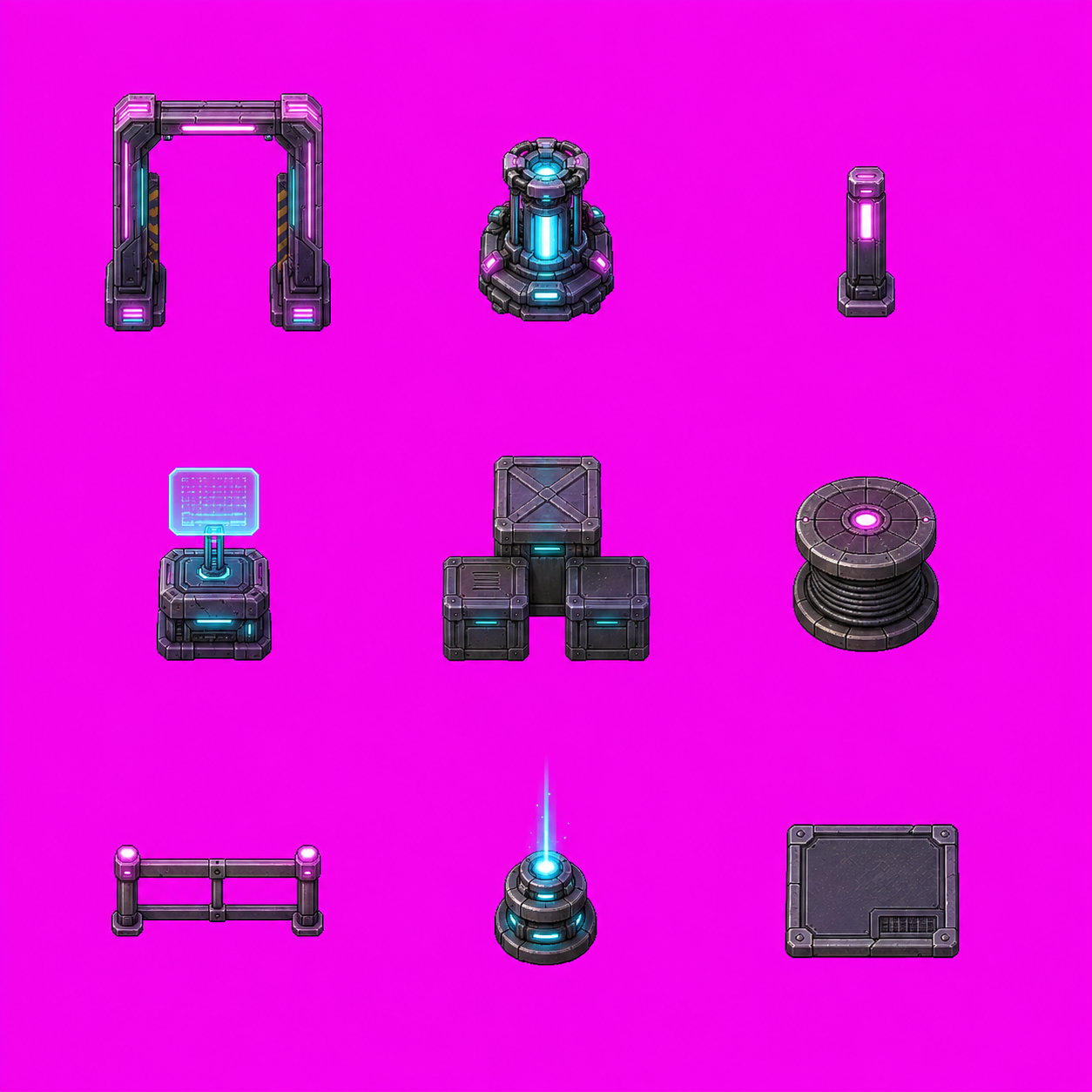 Generated 3x3 cyberpunk canal prop pack