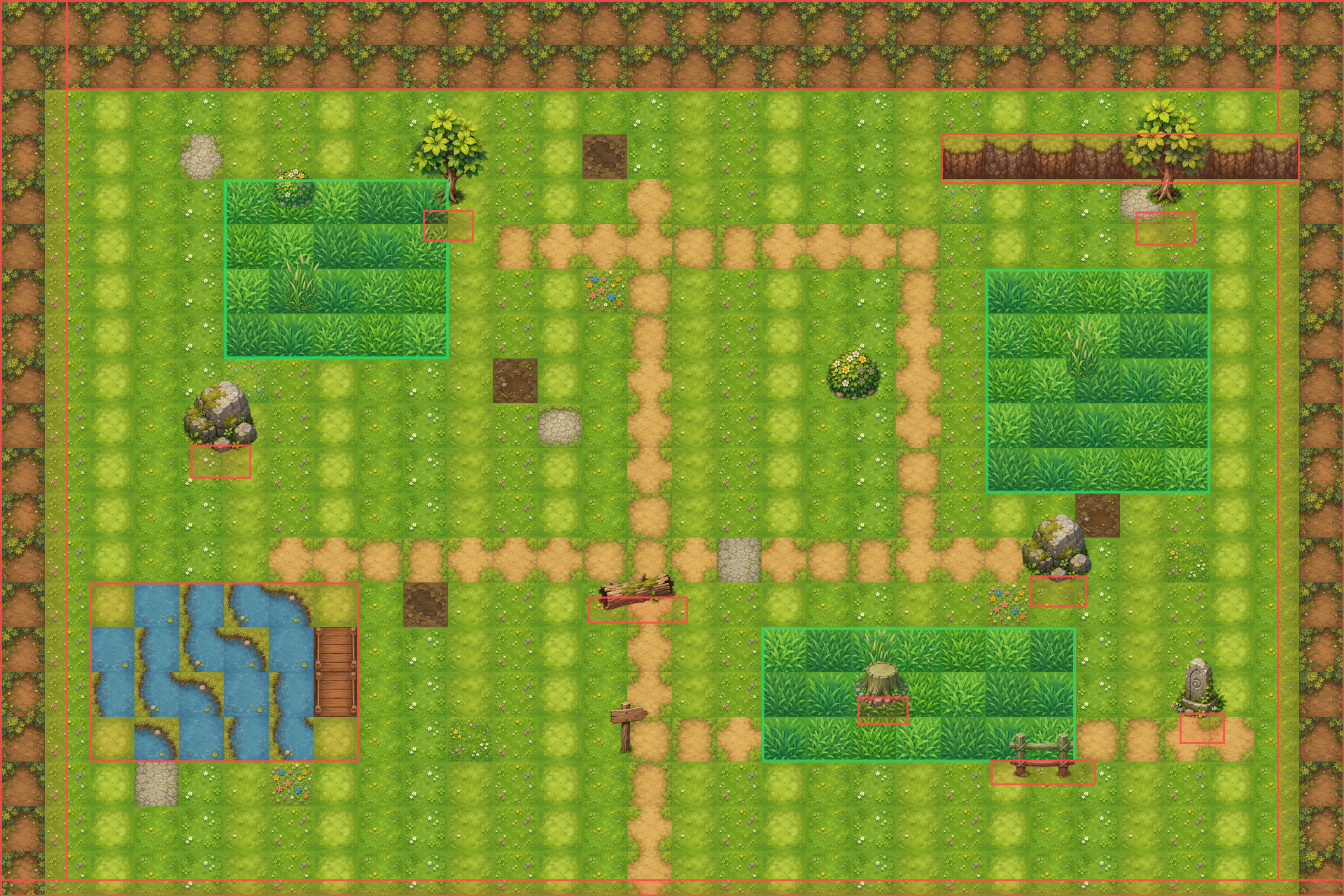 Godot meadow debug preview with collision and zones