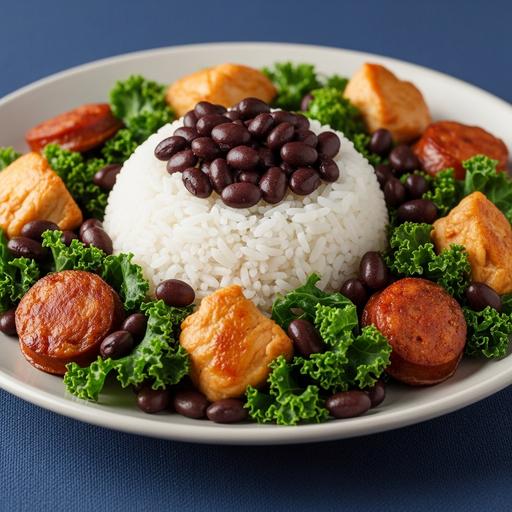 Arroz Branco com Feijão Preto e Frango com Linguiça