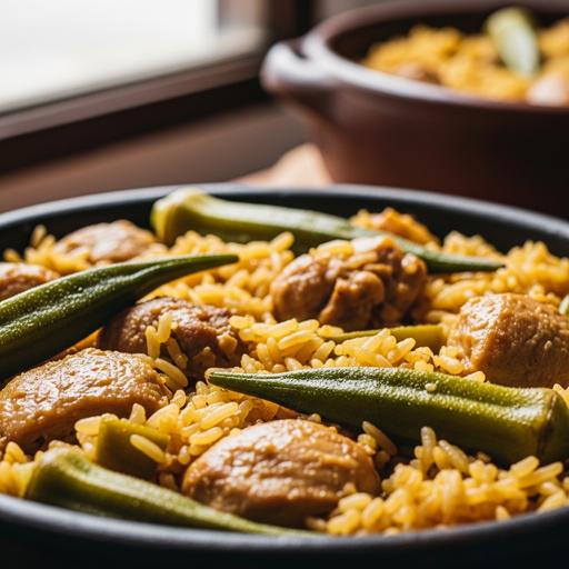 Frango com quiabo e arroz carreteiro