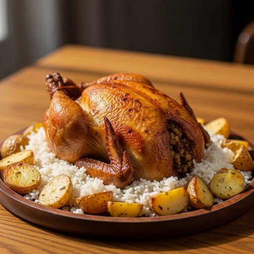 Frango Recheado com Arroz e Molho de Tomate