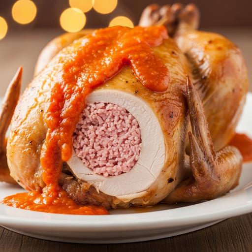 Frango recheado com molho de tomate e arroz branco