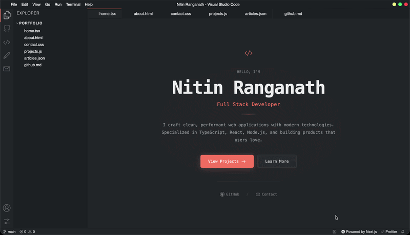 A VSCode themed developer portfolio built using Next.js - Professional Premium Landing Page Template