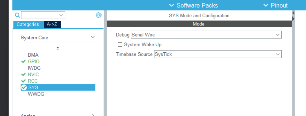 SYS 模块中的 Serial Wire 设置