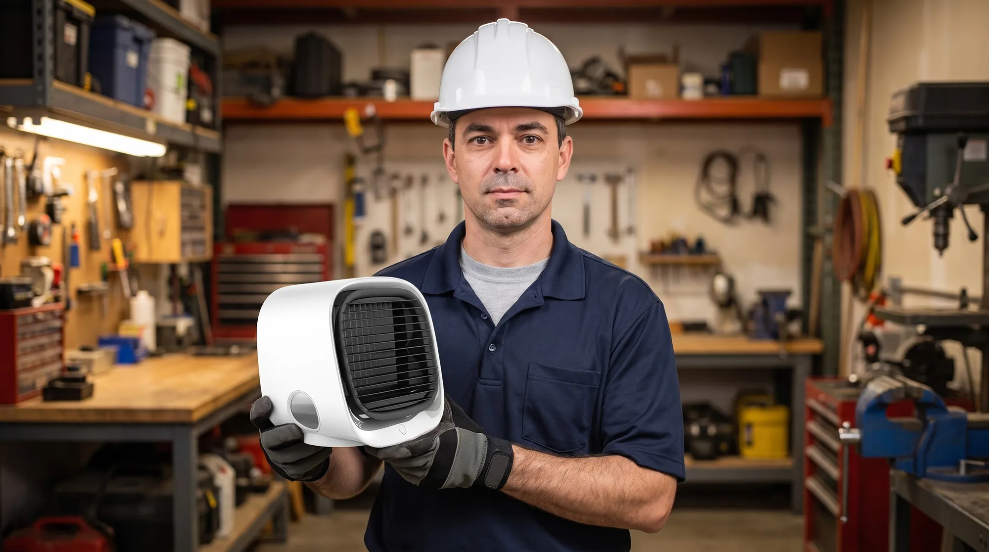 Marcus Reyes in his workshop, wearing a hard hat and work gloves, holding the finished white AiraBreeze cooler.