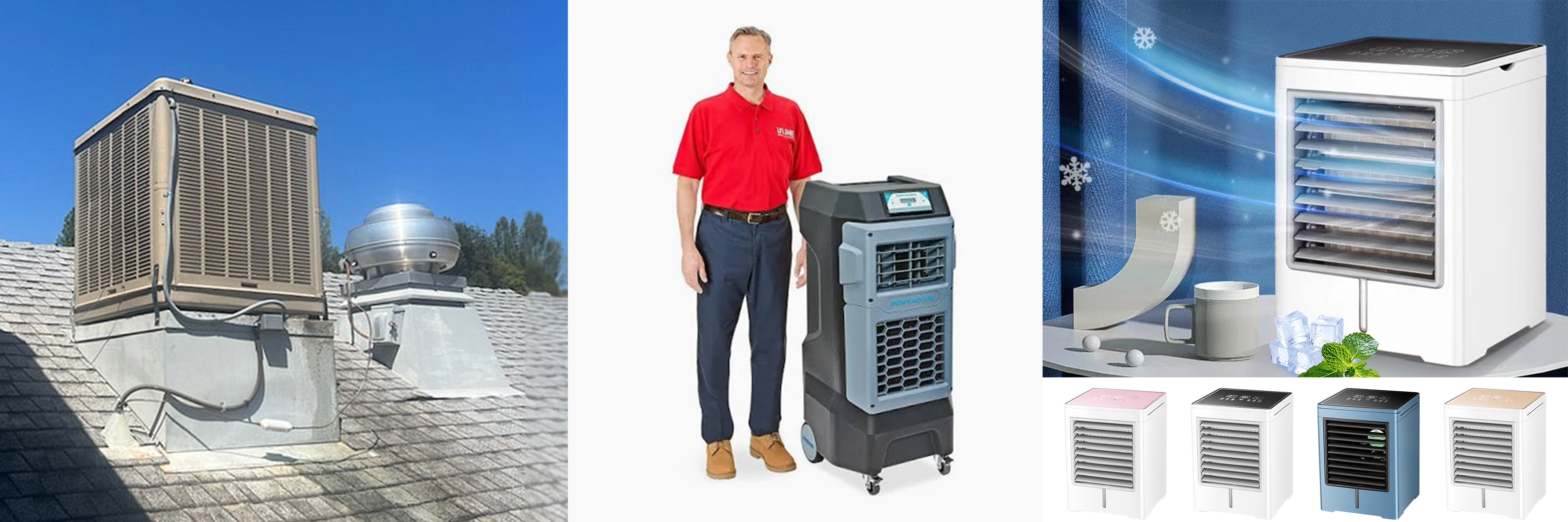 Evaporative coolers in three sizes, left to right: a rooftop swamp cooler on shingles, a full-size portable unit on casters next to a man, and a small desktop personal cooler.