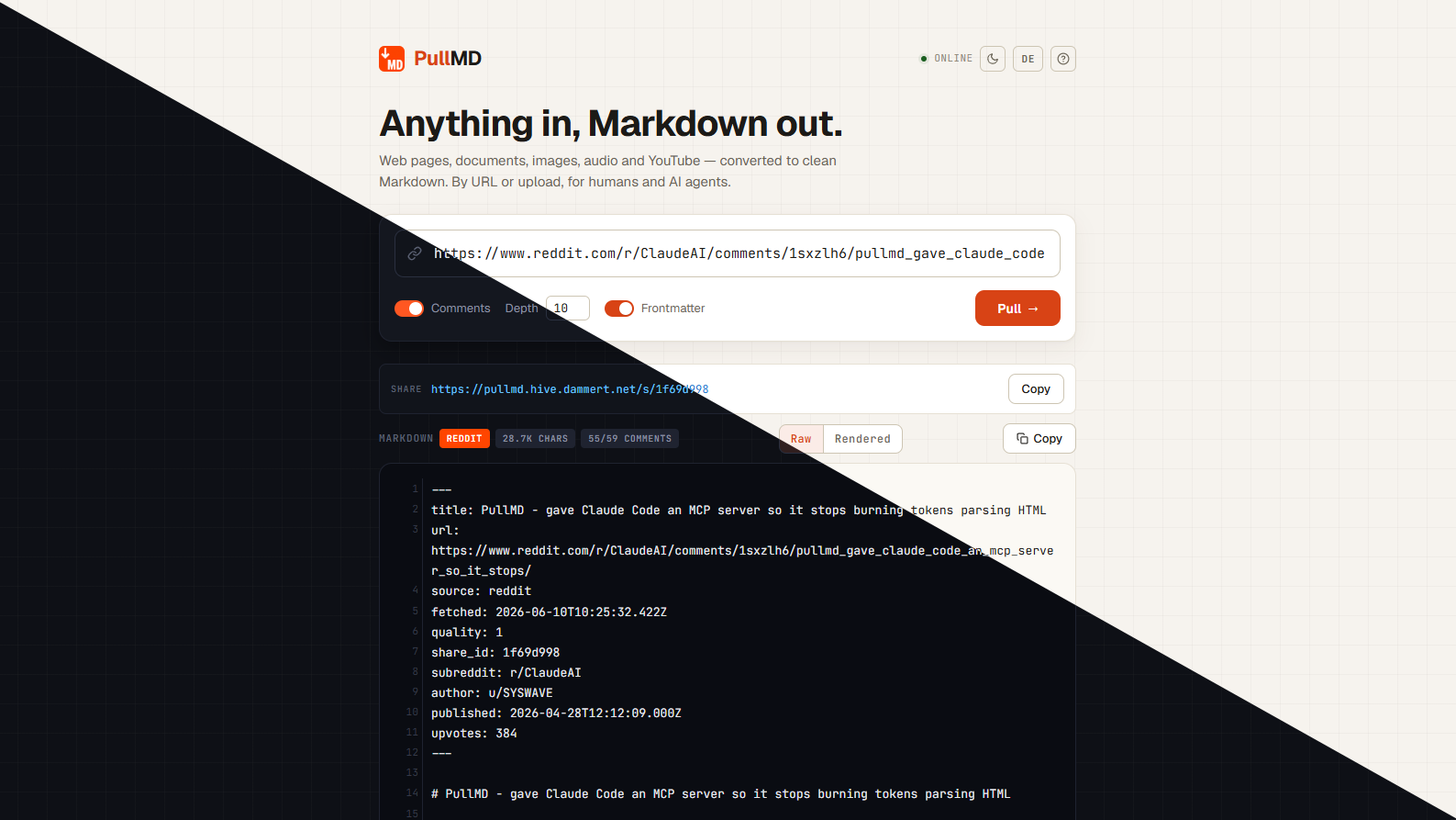 PullMD web interface (light and dark theme)