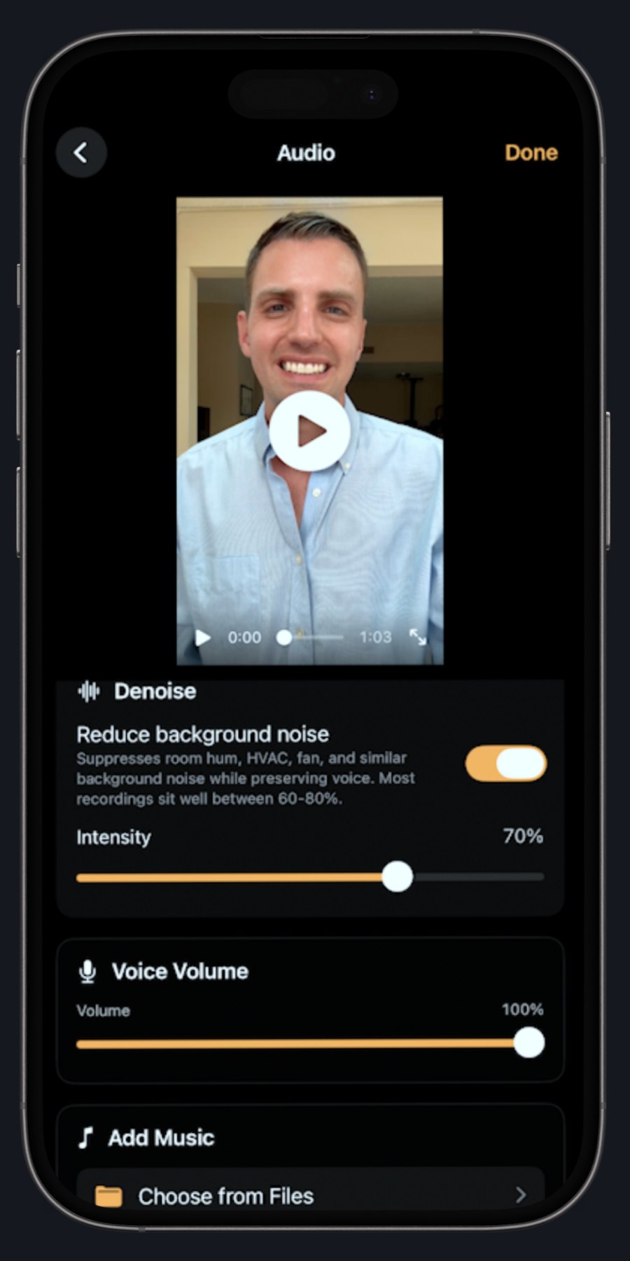 PrompterCam audio cleanup on iPhone