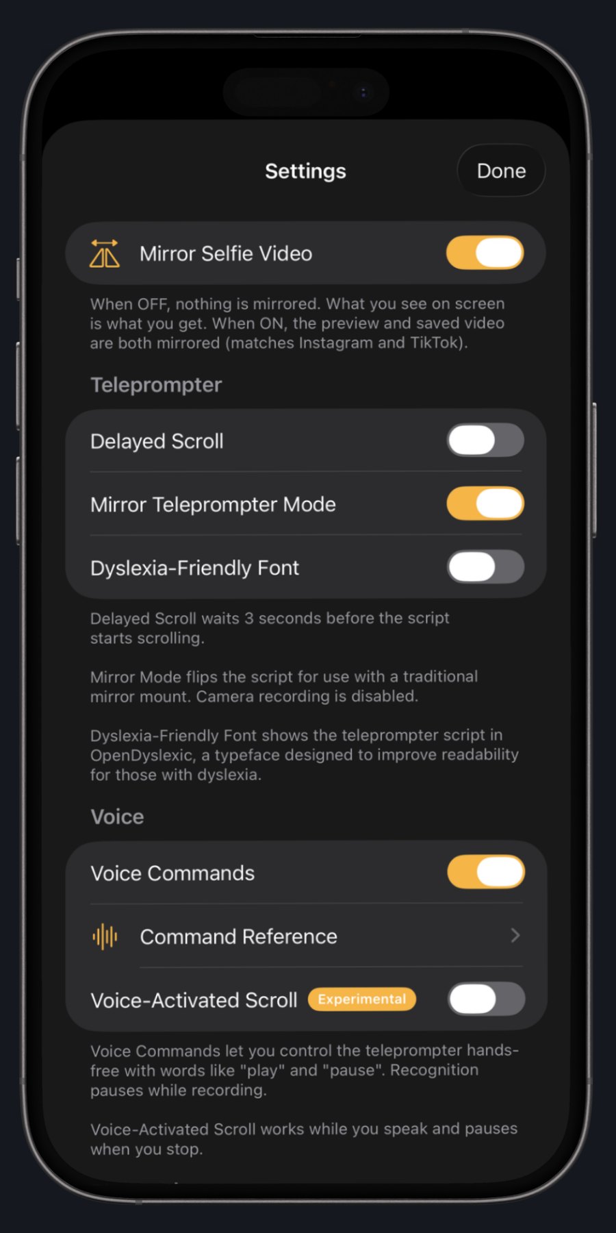 PrompterCam teleprompter controls on iPhone