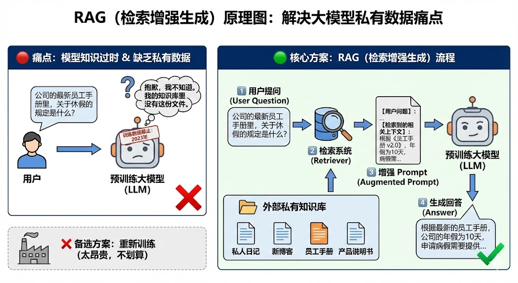 本地大模型的痛点，以及RAG如何解决的示意图