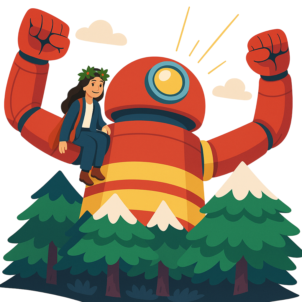 Alice Orlandini su un robot rosso nella foresta