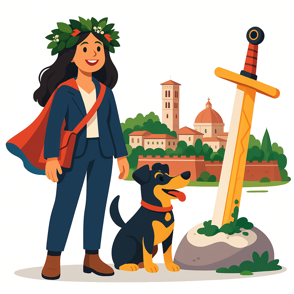 Alice Orlandini con una corona d'alloro e il suo un cane a Lucca