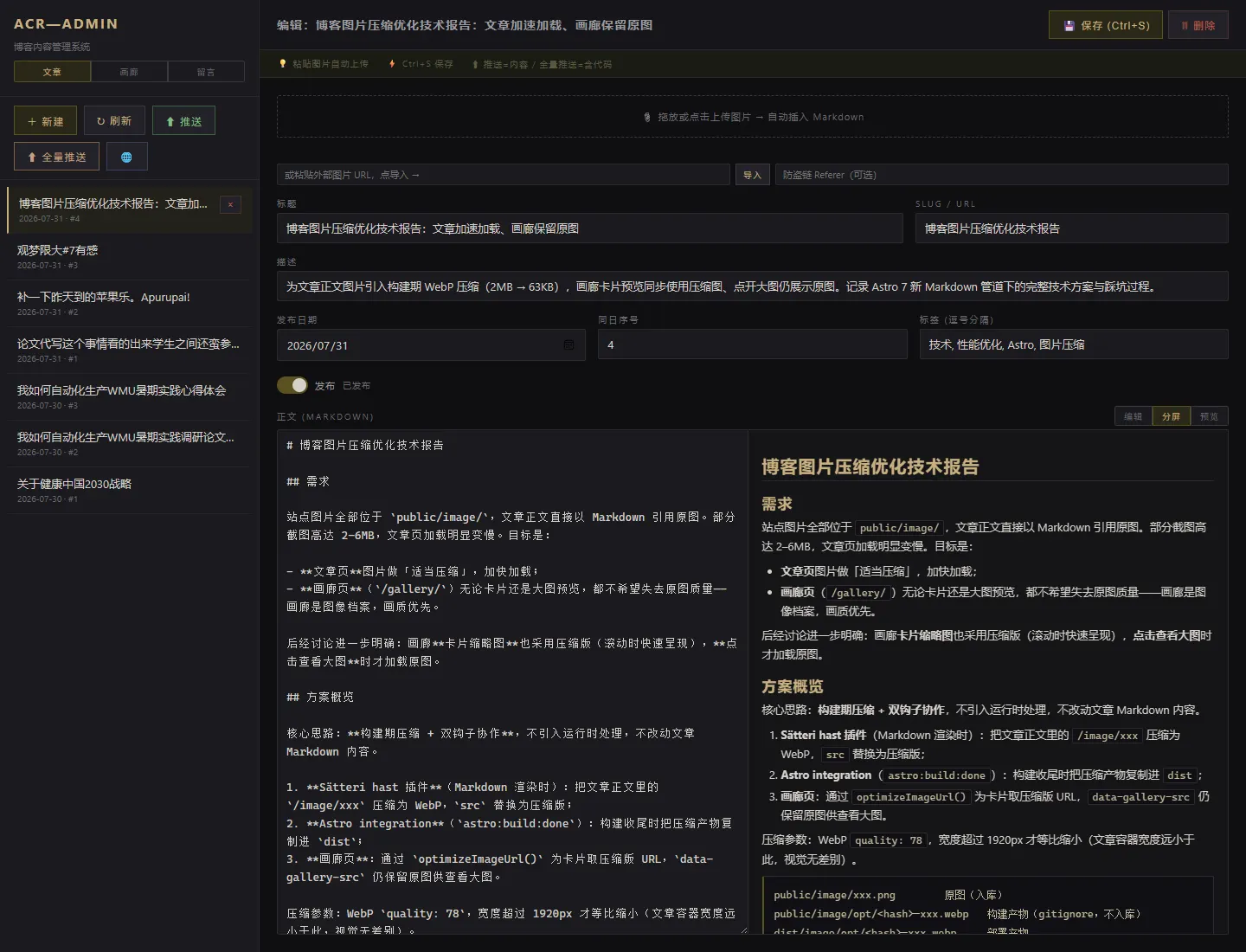 管理面板：文章编辑界面，左侧列表、右侧 Markdown 实时预览