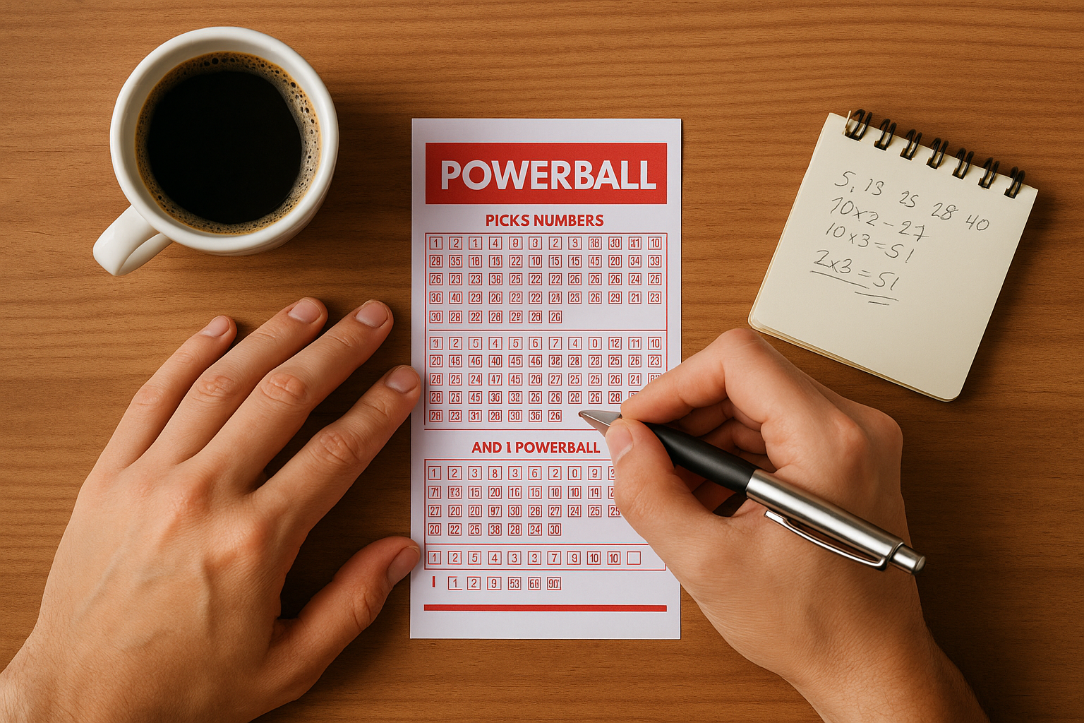 A person's hands filling out a Powerball ticket with a notepad of numbers nearby.