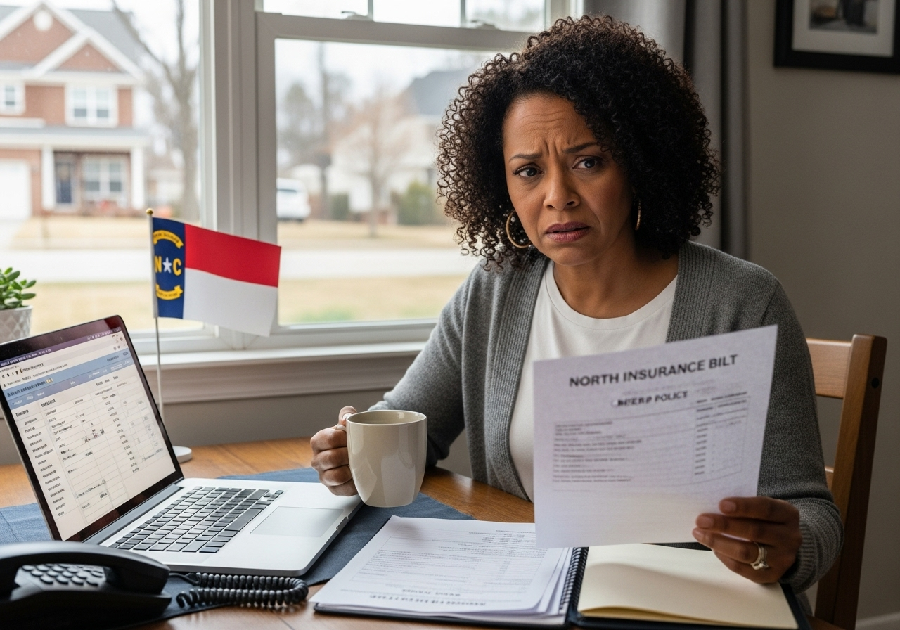NC driver reviewing auto insurance premiums after a non-at-fault accident, highlighting rate hike concerns.