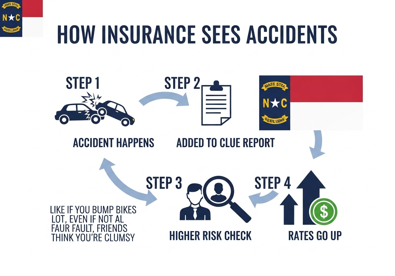 Infographic explaining non-at-fault accident insurance increase due to risk models for North Carolina drivers.
