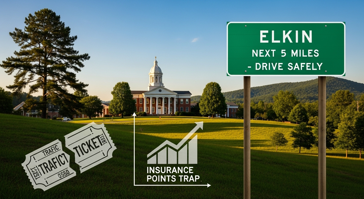 NC highway sign near courthouse, symbolizing dismissed traffic tickets and insurance points impact in North Carolina.