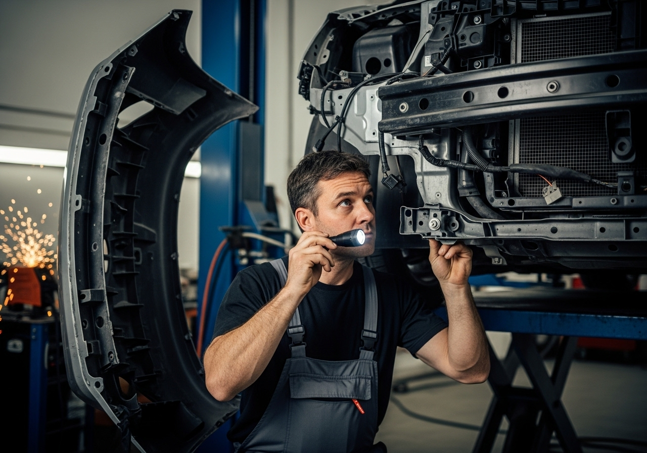 Mechanic inspecting car in NC repair shop for vehicle damage claim under auto insurance coverage NC