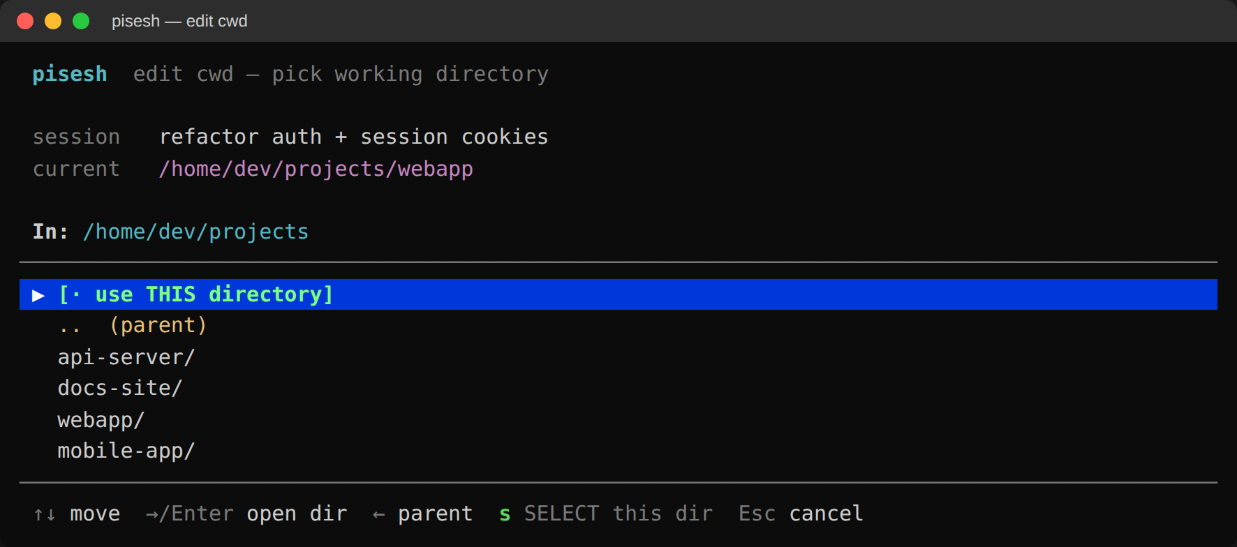 pisesh cwd browser, an arrow-key directory picker for the resume and Here directory