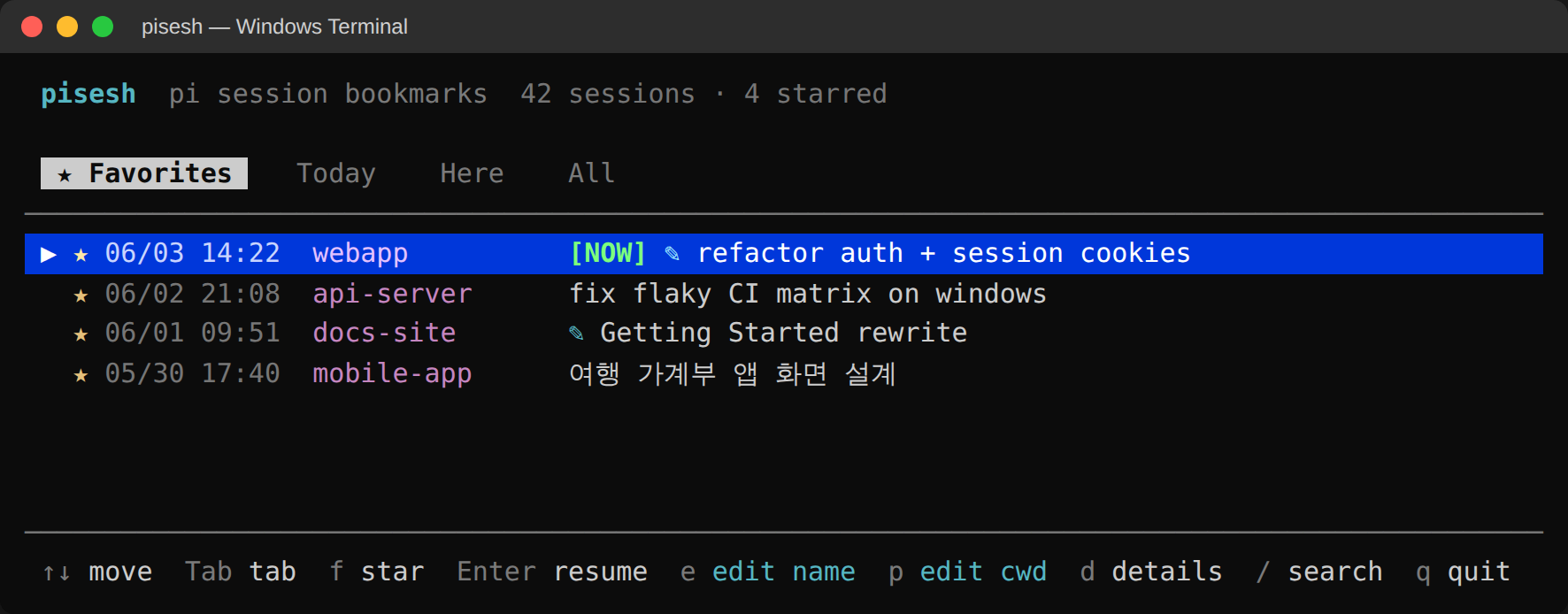 pisesh main list, Favorites tab with Today / Here / All tabs, the NOW badge, and a renamed session