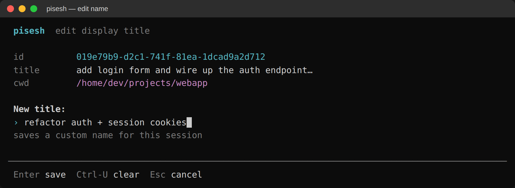 pisesh edit-name panel for setting a custom display title