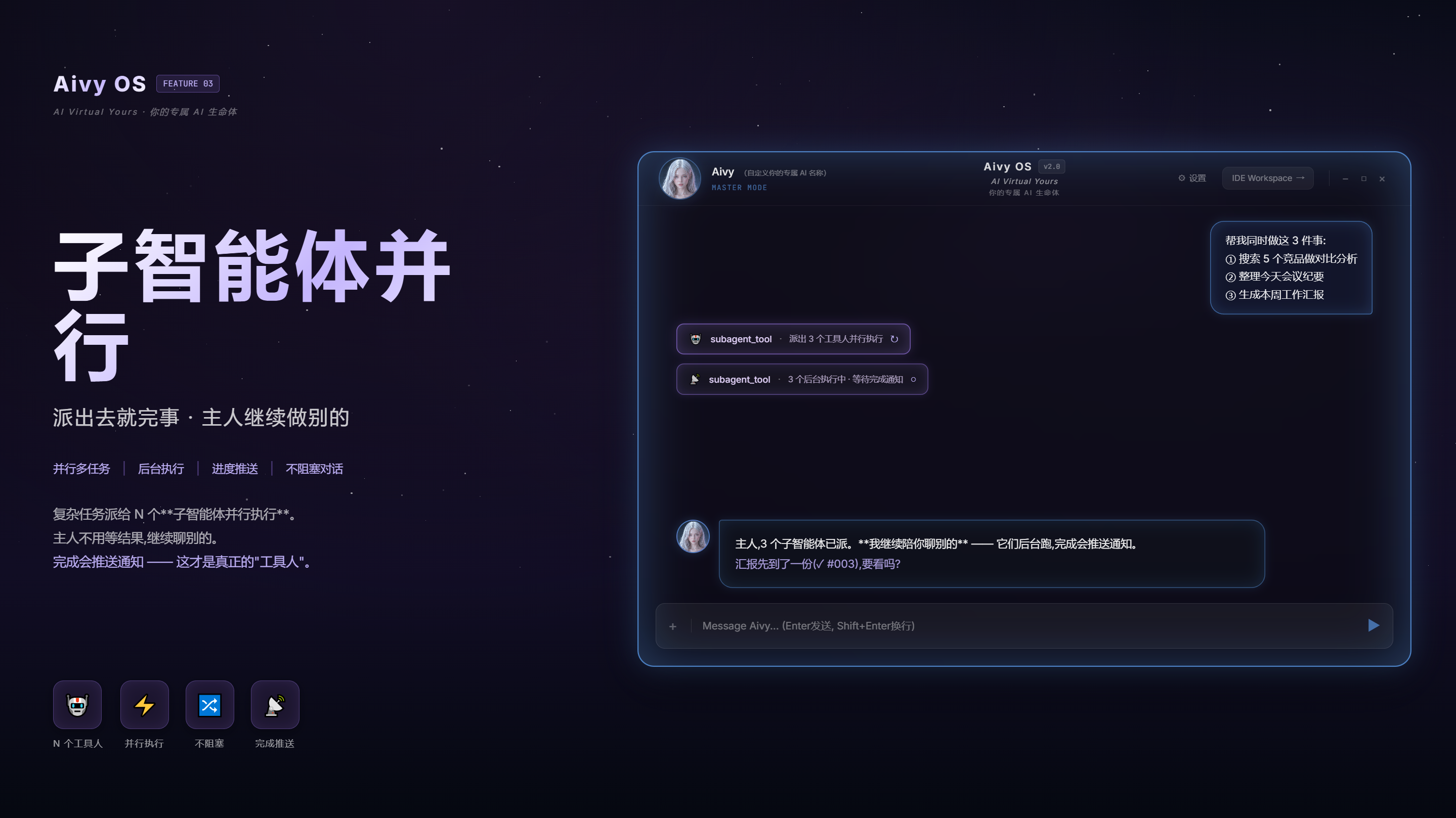 子智能体并行 — 派出去就完事，主人继续做别的