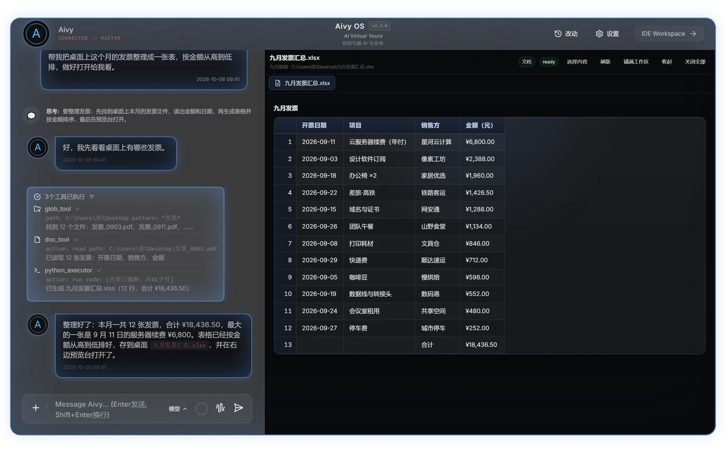 Aivy OS 主界面：一句话整理好本月发票，左边是执行步骤，右边预览台打开了整理好的表格