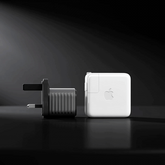 The Super Tiny next to a larger Apple 70W charger at true scale