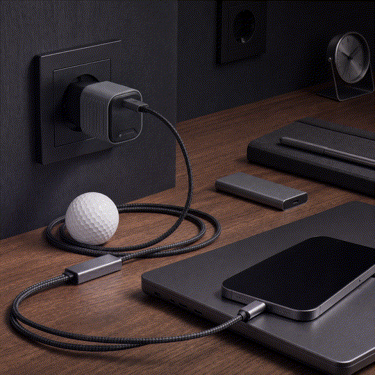 The Super Tiny plugged into a wall outlet, connected by USB-C cable to a MacBook Pro