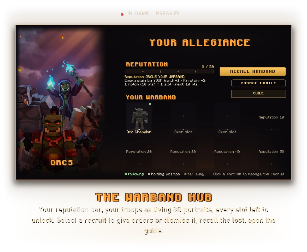 The Warband Hub - in-game menu (press F9): reputation, living 3D troop portraits, orders, recall