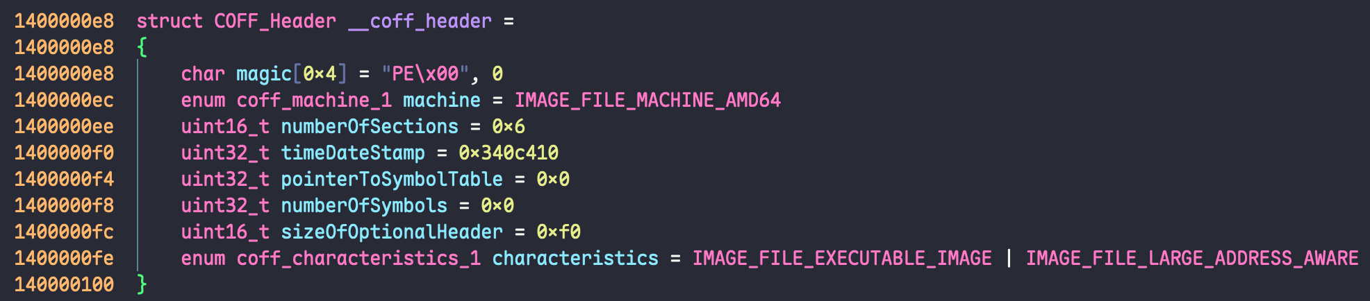 COFF Header in Binary Ninja