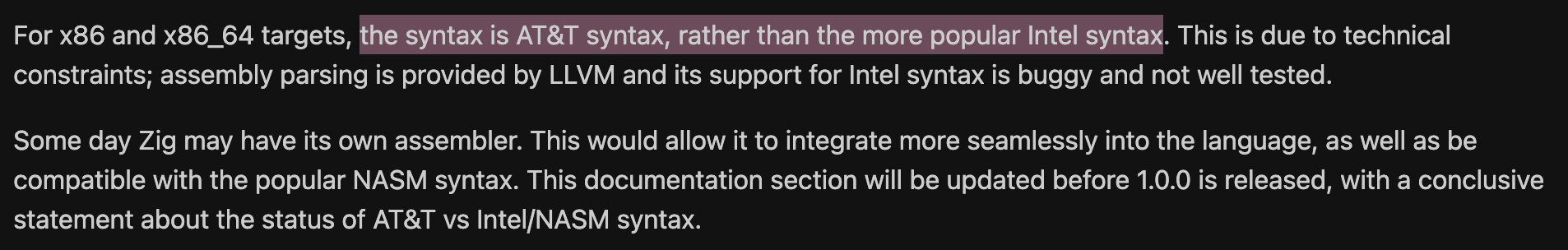 Only Support AT&T Syntax in Zig 0.14.1