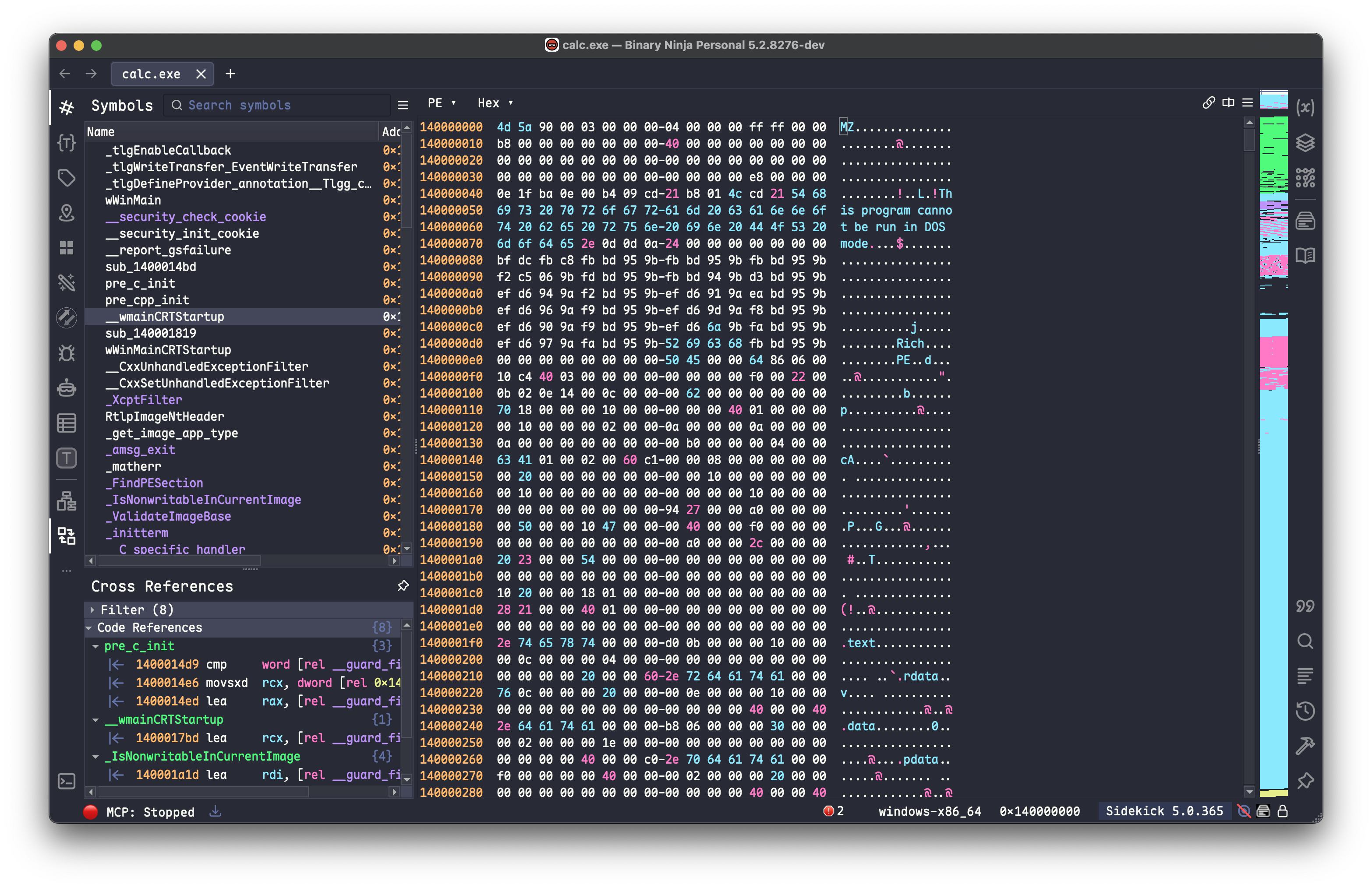 calc.exe in Binary Ninja Hex View