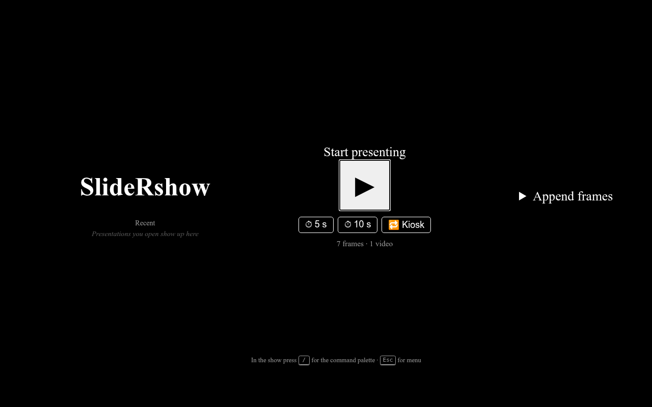 The menu splash with summary, quick-play buttons and Recent list