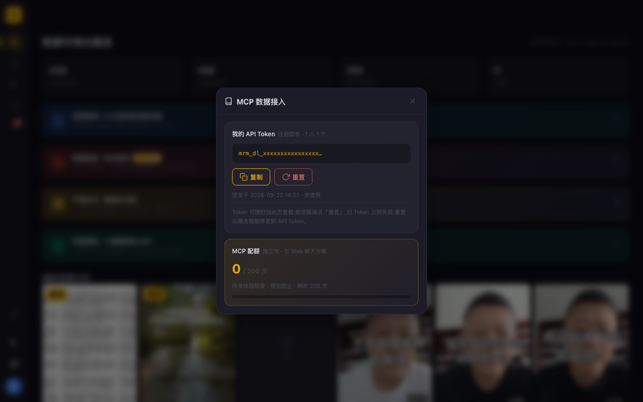 MCP 数据接入面板:API Token 明文 + 复制/重置按钮 + MCP 配额 0/200 次(终身体验额度)