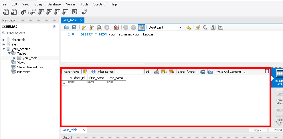 Result Grid Result grid appearing