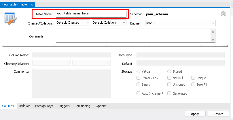 Enter a table name Table editor with Table field
