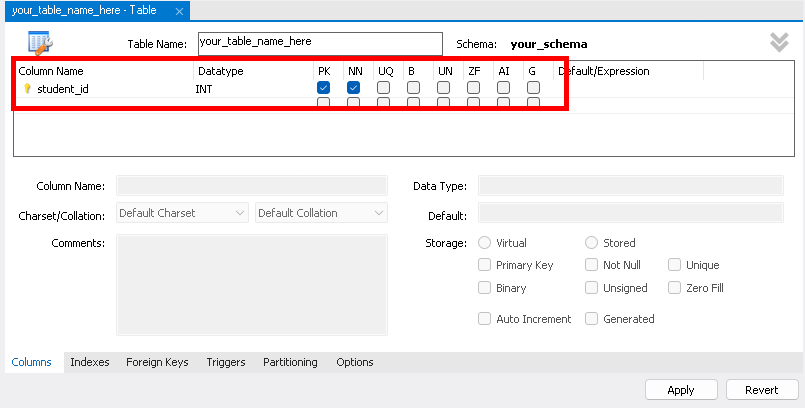 Columns section in the table editor Top row of the Columns section in the table editor, showing where to enter a column name, choose a datatype, and select column options such as PK, NN, and AI.