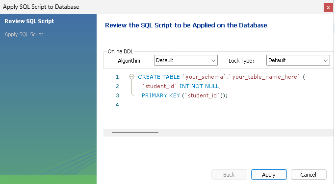 Confirmation of SQL script that will be run to create your table Confirmation of SQL script that will be run to create your table