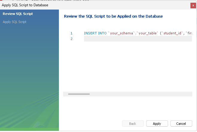 SQL script confirmation to insert data Confirmation window showing SQL statement