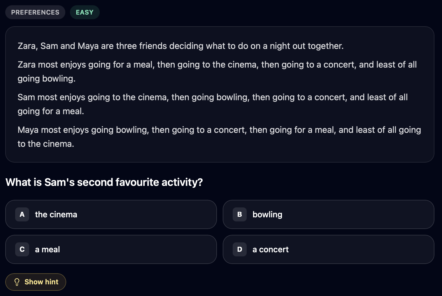 Verbal Reasoning — example question