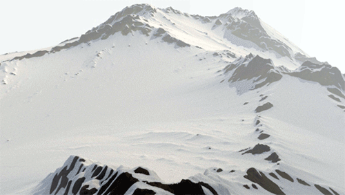 已设置动画的正面比着色器 ->“混合权重”(Mix Weight)。 雪着色器 -> shader1，山脉着色器 -> shader2。