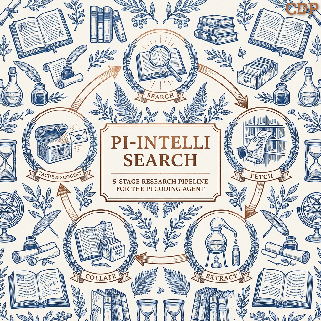 PI-Intelli Search: a five-stage research pipeline diagram arranged in a clockwise cycle. The five labelled stages, each enclosed in a laurel-wreath medallion, are Search (top, depicted as a magnifying glass over an open book), Fetch (right, a hand retrieving a document from shelves), Extract (bottom-right, a distillation apparatus), Collate (bottom-left, stacked books and filing boxes), and Cache & Suggest (left, a treasure chest with an envelope). Copper-coloured arrows connect the stages in sequence. The background is decorated with pen-and-ink botanical and scholarly motifs including quill pens, ink bottles, scrolls, globes, hourglasses, and open books.