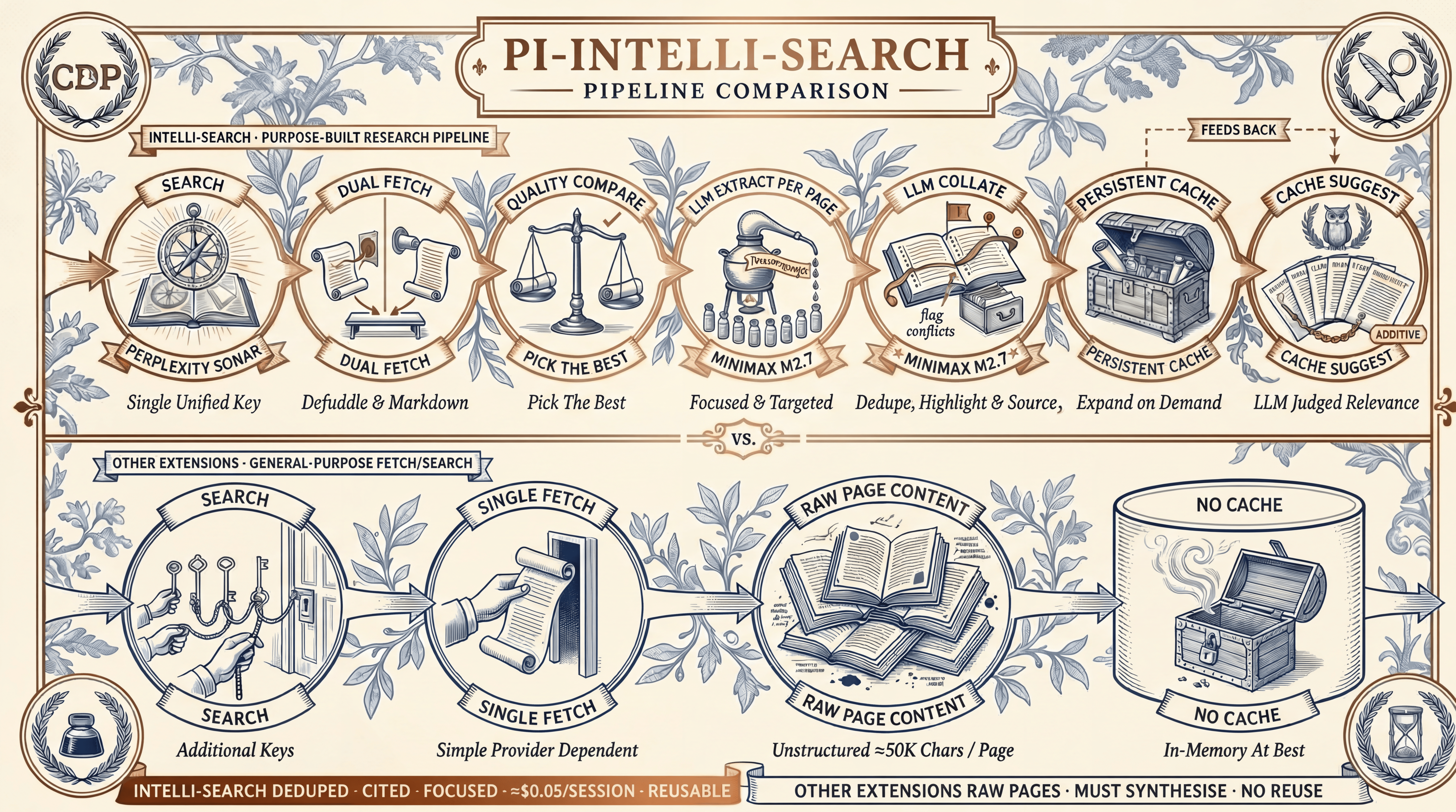 Pipeline comparison infographic titled "PI-INTELLI-SEARCH" contrasting two approaches in a vintage engraving style. The top row shows the Intelli-Search purpose-built research pipeline: seven sequential stages: Search (Perplexity Sonar, single unified key), Dual Fetch (defuddle & markdown), Quality Compare (pick the best), LLM Extract Per Page (MiniMax M2.7, focused & targeted), LLM Collate (MiniMax M2.7, dedupe/highlight/source, flags conflicts), Persistent Cache (expand on demand), and Cache Suggest (LLM-judged relevance, additive, feeds back). The bottom row shows generic fetch/search extensions: Search (additional keys), Single Fetch (simple, provider-dependent), Raw Page Content (unstructured, ≈50K chars/page), No Cache (in-memory at best). Footer summary: "Intelli-Search: deduped, cited, focused, ≈$0.05/session, reusable" vs. "Other extensions: raw pages, must synthesise, no reuse."