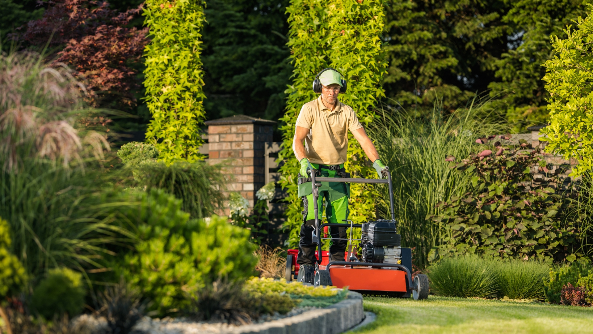 Close-up lawn mowing equipment cutting grass