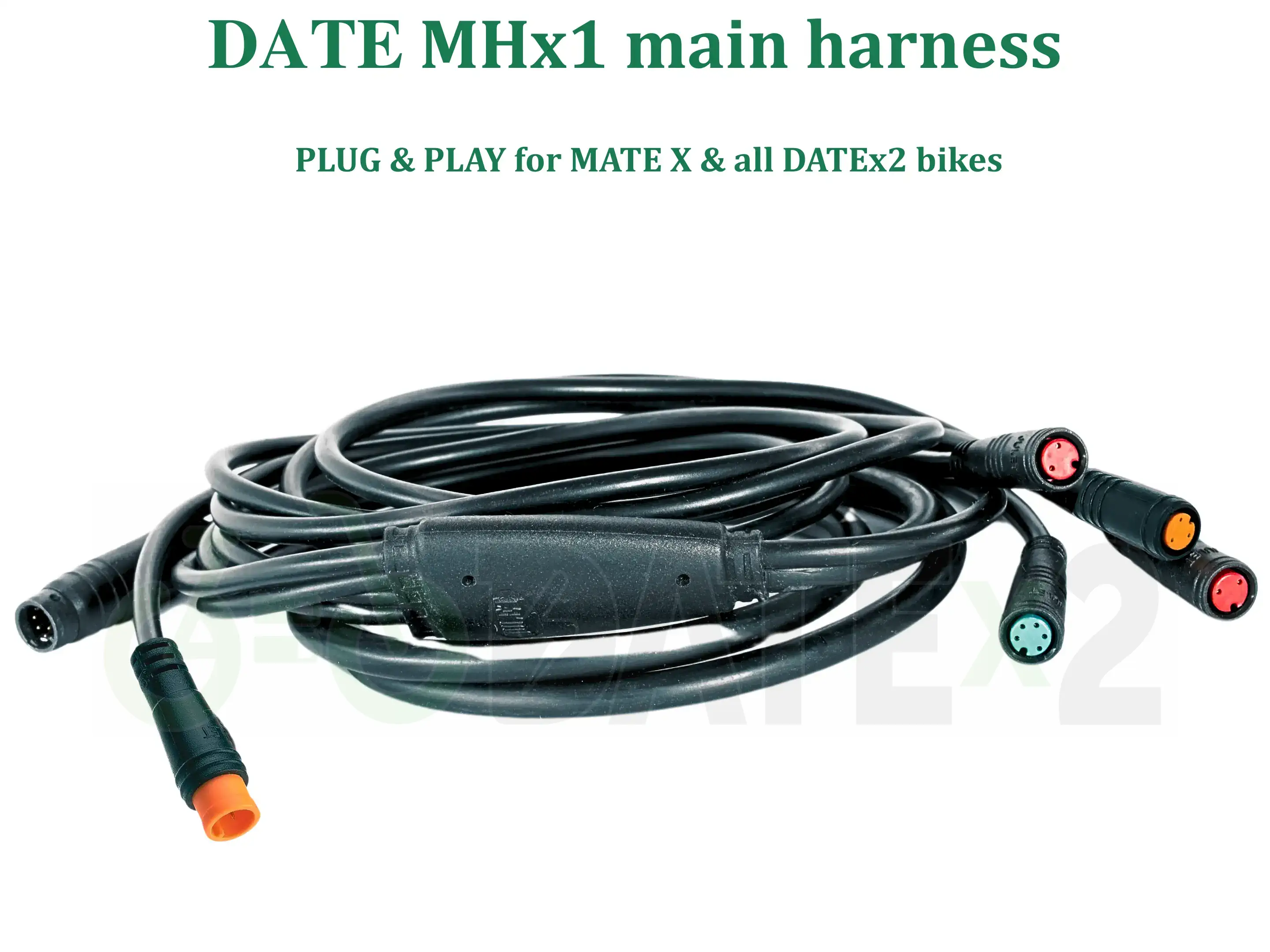DATE MHx1 main wiring harness with 2 x 2 pin female julet connectors for brakes, 3 pin female julet plug for throttle, 5 pin female julet plug for the display, 3 pin male plug for the fornt light and horn and 10 pin male plug for the controller