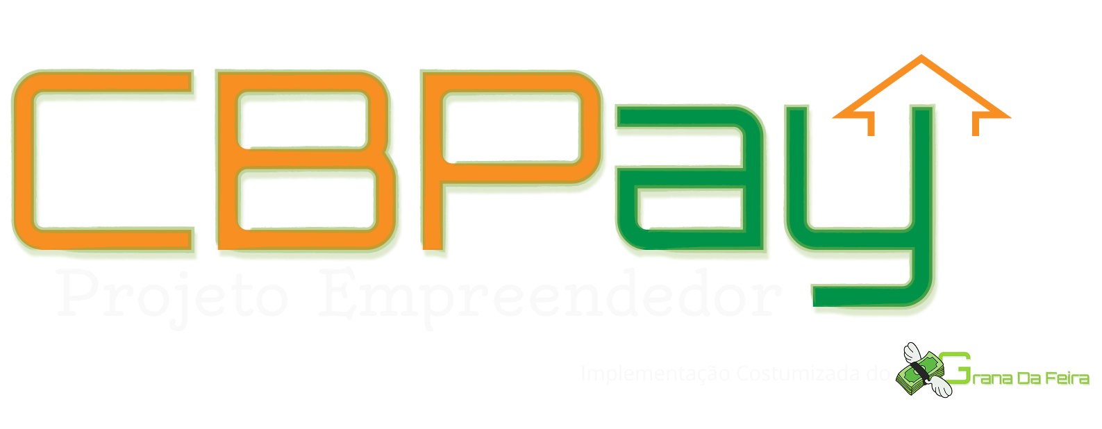 Ícone de notas de dinheiro com asas ao lado escrito Grana da Feira em verde com letras quadradas.